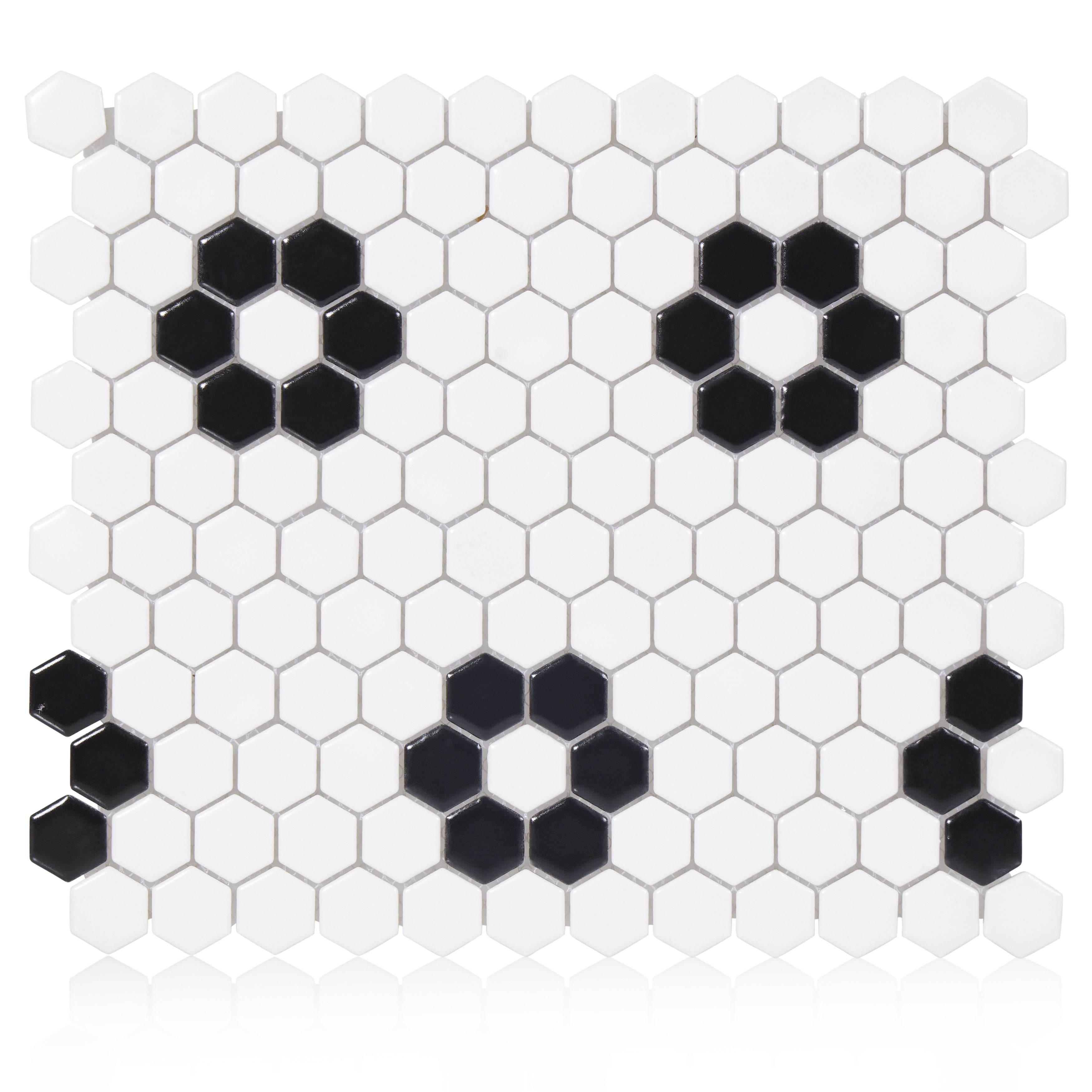 Blossom Hex White w/ Black 1-Inch Flower Mosaic Tile - 20 pcs per case - Industry Tile